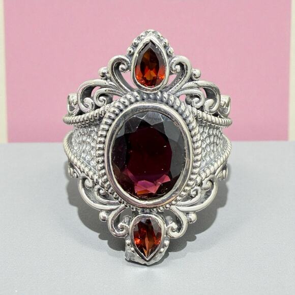 Natural Rhodolite Red Garnet Ring Hammered 925 Sterling Silver Size 7 Handmade - Picture 5 of 8